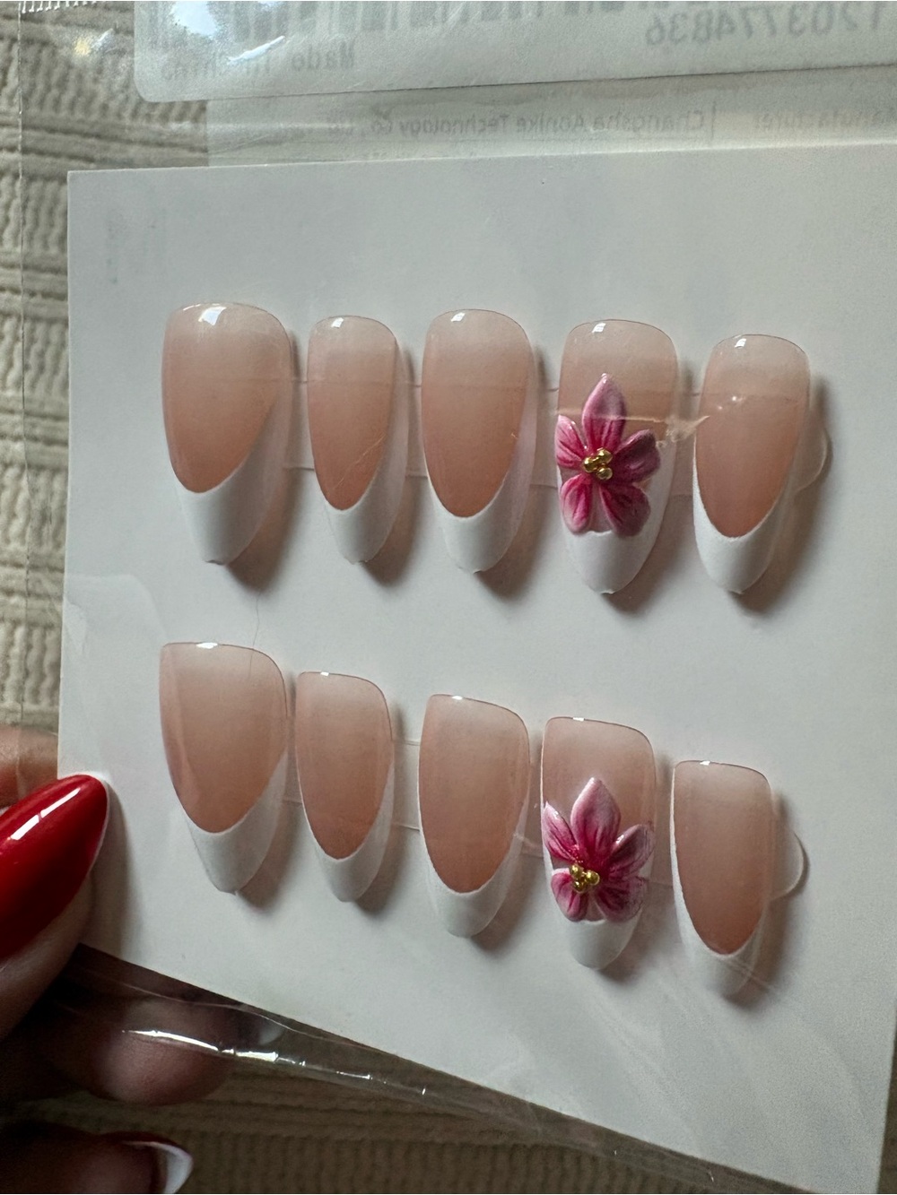 3D Flower French Tip Pink Floral Press-On Nails Size Medium